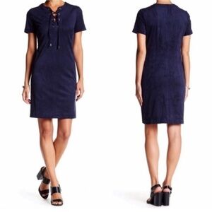 Eliza J Navy faux suede lace up neck shift mini dress